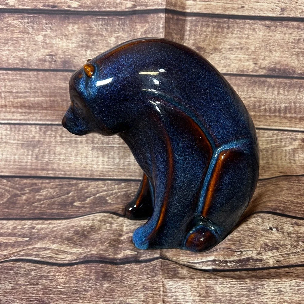 Vintage Blue Brown Reactive Glaze Ceramic Bear Figurine Mid Century‎ Modern 8.5